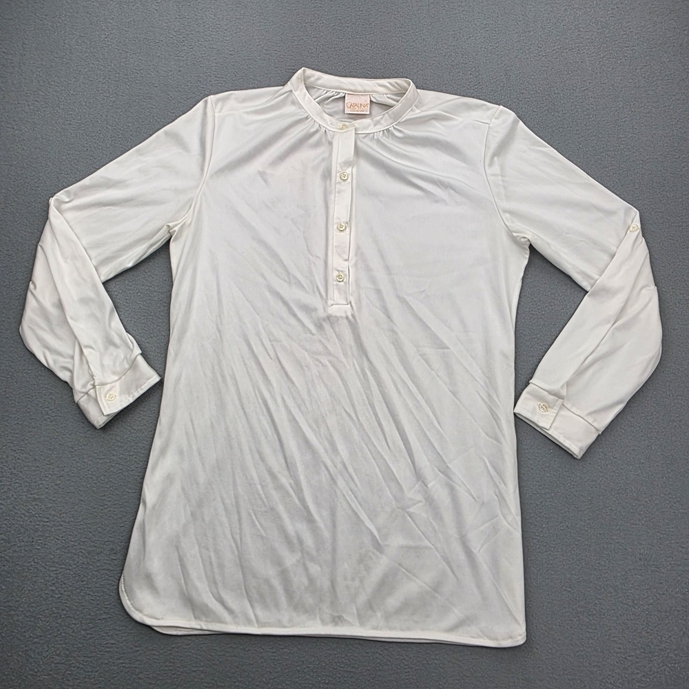 Vintage 70s Catalina White Long Sleeve Henley Blouse Tunic Top Womens L USA Made